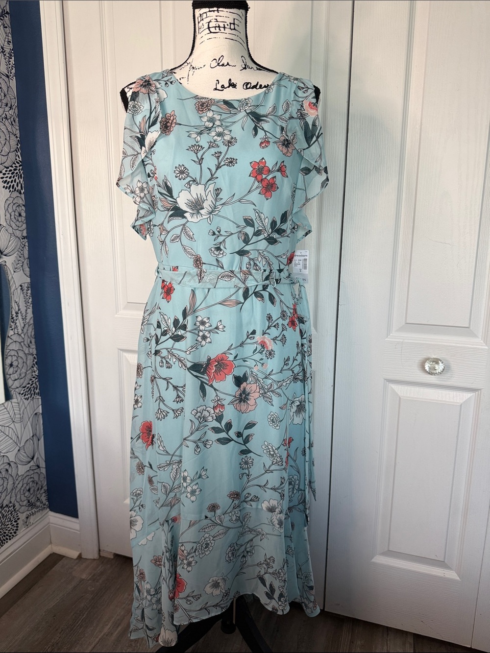 Floral Ruffle Sleeve Maxi Dress - Light Blue